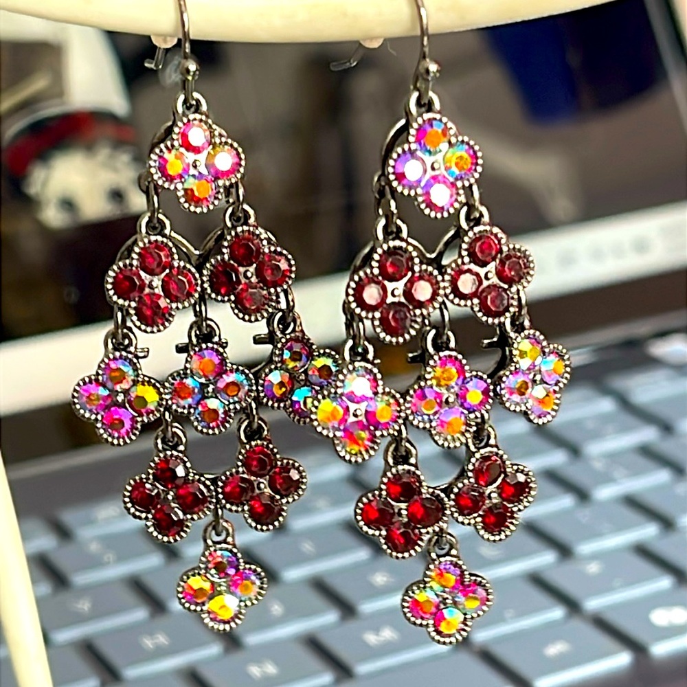 Red and pink AB-colored Articulated Statement Earrings on gunmetal hardware